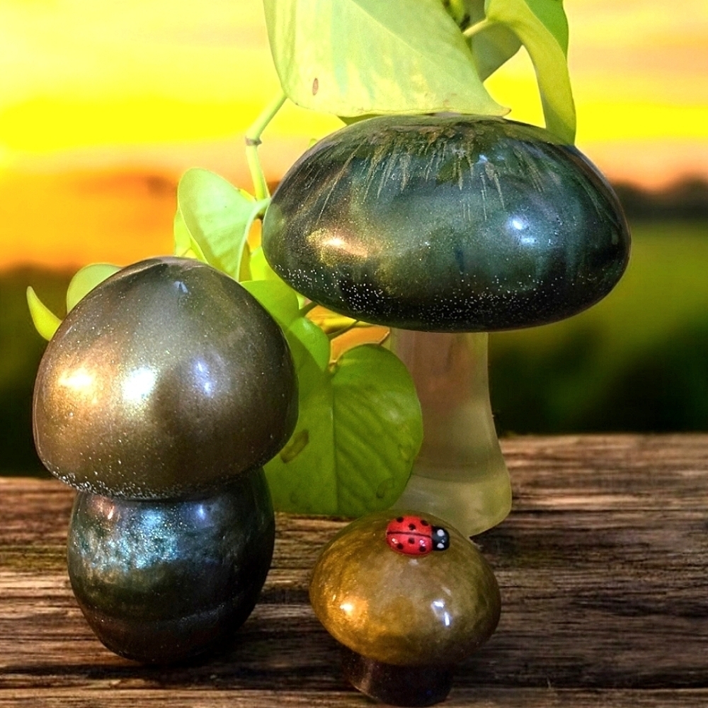 3 Pc Handcrafted Mushroom Art Sculpture - Green and Brown
